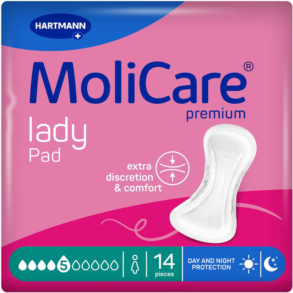 MoliCare Premium Lady Pad 5 Drops Extra-Long Incontinence Pads for Women with Moderate Bladder Weakness, Nighttime Protection, Odour Neutraliser, Advanced Skin Protection, 14 Pieces MoliCare Premium Lady Pad 5 Drops Extra-Long Incontinence Pads for Women with Moderate Bladder Weakness, Nighttime Protection, Odour Neutraliser, Advanced Skin Protection, 14 Pieces