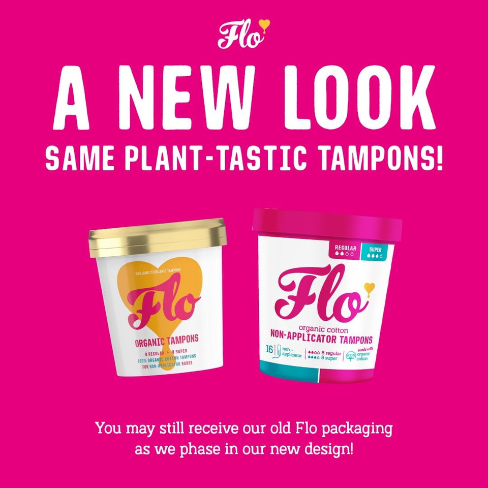 FLO Organic Non-Applicator Highly Absorbent Organic Tampons - Made from 100% Organic Cotton - Biodegradable - 8 Regular, 8 Super Combo - 16 Mix Pack (Pack of 2)