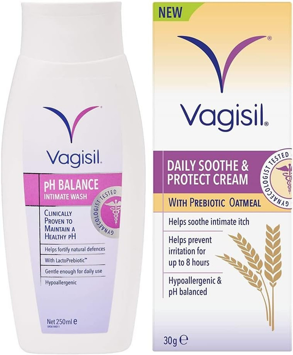 VAGISIL pH Balance Intimate Wash for Daily External Feminine Hygiene with LactoPrebiotic, 250 ml & Daily Soothe & Protect Cream For Women & Sensitive Skin, 30g