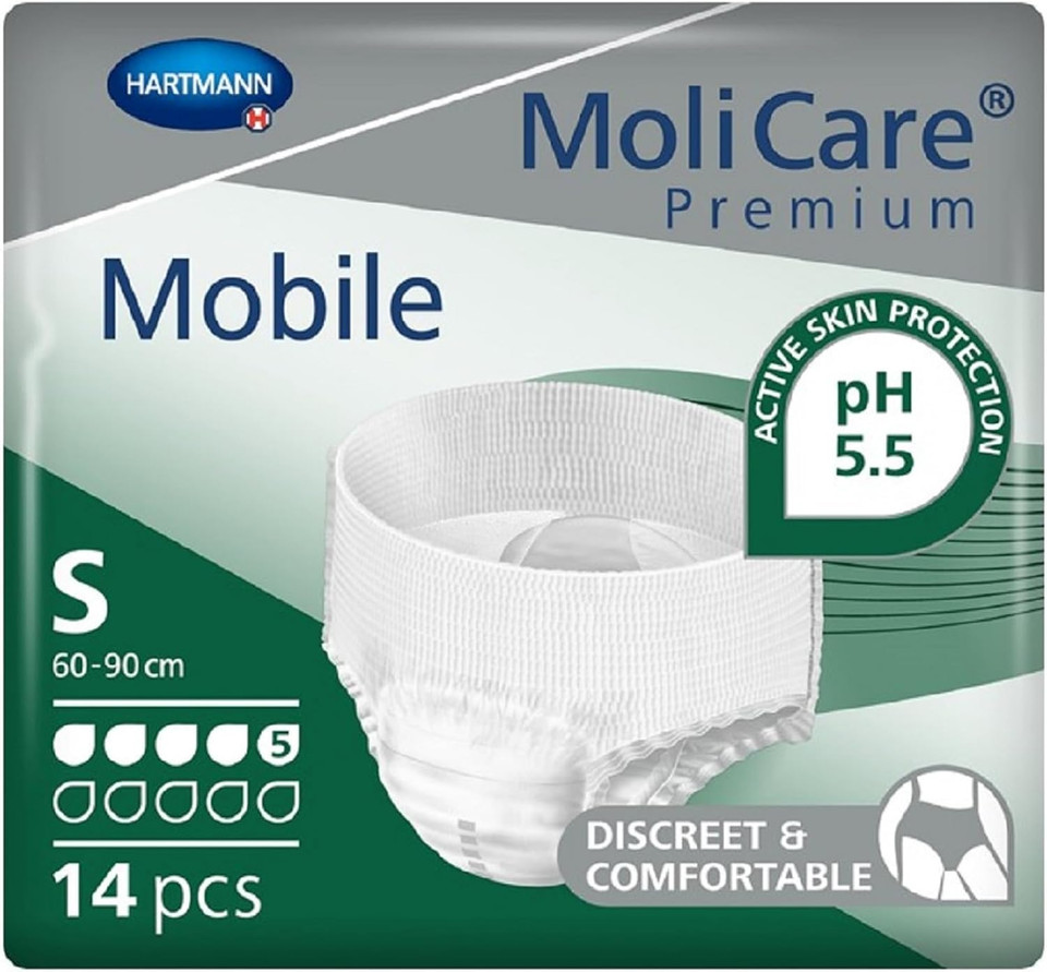 MoliCare Premium Mobile Disposable Underwear: Discreet use for Woman and Men with Incontinence; 5 Drops, Size S, Pack of 14 MoliCare Premium Mobile Disposable Underwear: Discreet use for Woman and Men with Incontinence; 5 Drops, Size S, Pack of 14