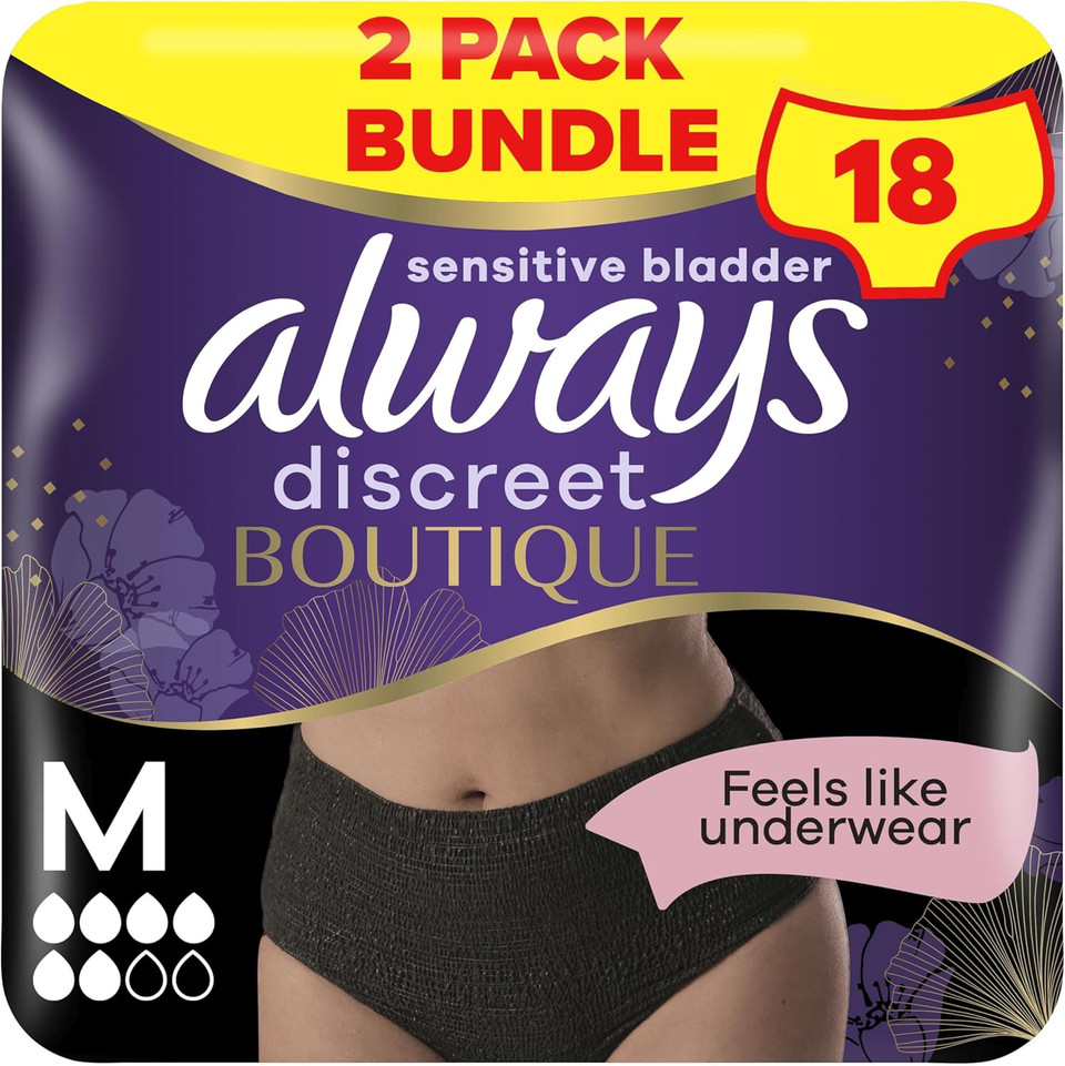 Always Discreet Boutique Incontinence Pants Women, Medium Size, Black, 18 High Absorbency Plus Pants (9 x 2 Packs), Odour Neutraliser, Softness and Protection, For Sensitive Bladder Always Discreet Boutique Incontinence Pants Women, Medium Size, Black, 18 High Absorbency Plus Pants (9 x 2 Packs), Odour Neutraliser, Softness and Protection, For Sensitive Bladder