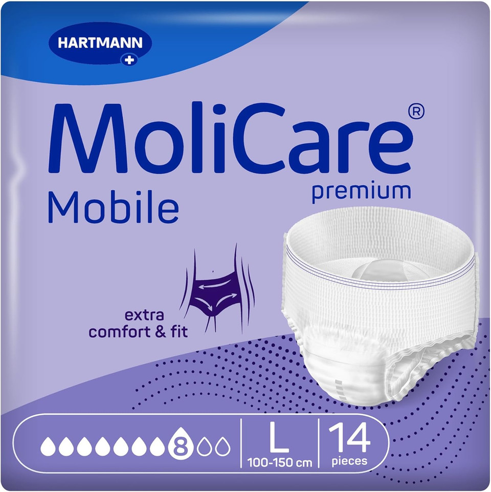MoliCare Premium Mobile 8 Drops Size L, Incontinence Pants for Women and Men with Severe Incontinence, Extra Leakage Protection, Skin Protection, Improved Body Fit, 14 Pieces