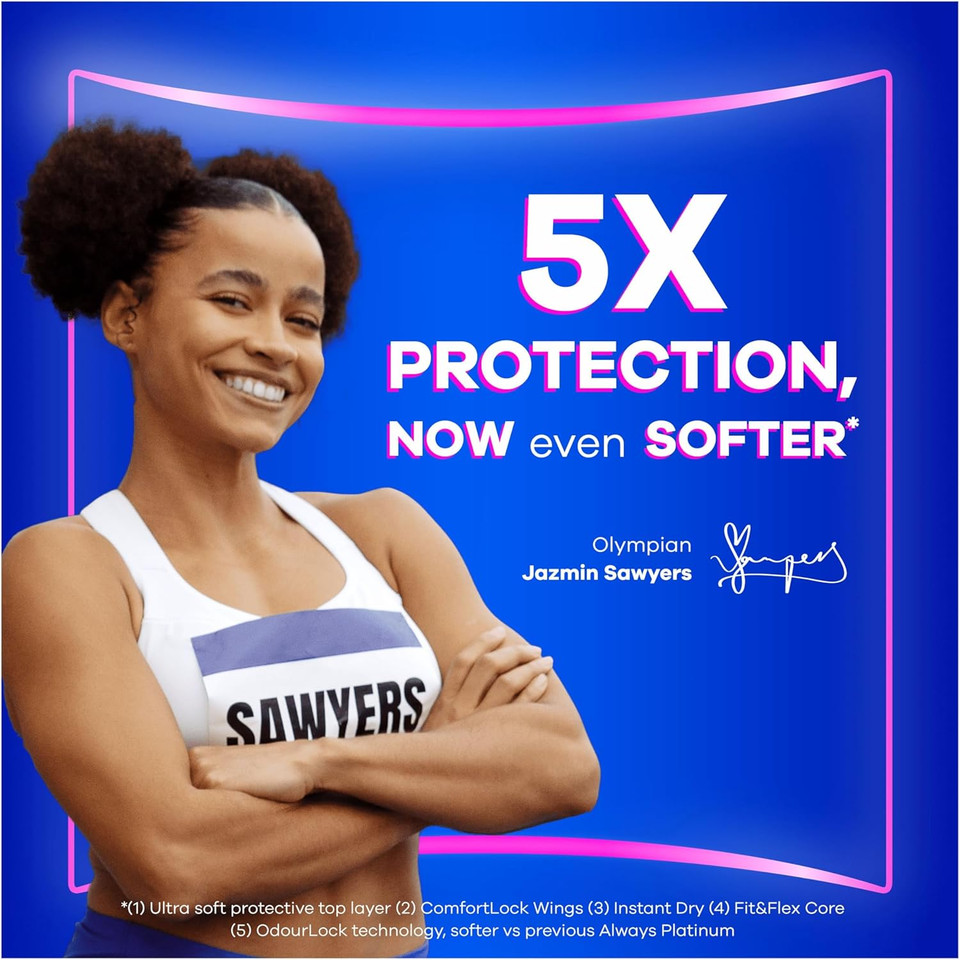 Always Platinum Sanitary Towels with Wings, Size 2, Long, 80 Towels (20 x 4 Packs), BIG PACK, Odour Neutraliser, 5x Comfort