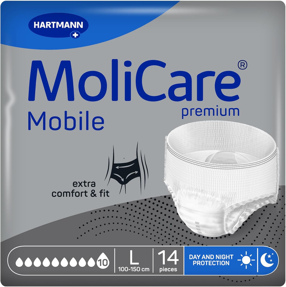 MoliCare Premium Mobile 10 Drops Size L, Incontinence Pants for Women and Men with Severe Incontinence, Extra Leakage Protection, Skin Protection, Improved Body Fit, 14 Pieces