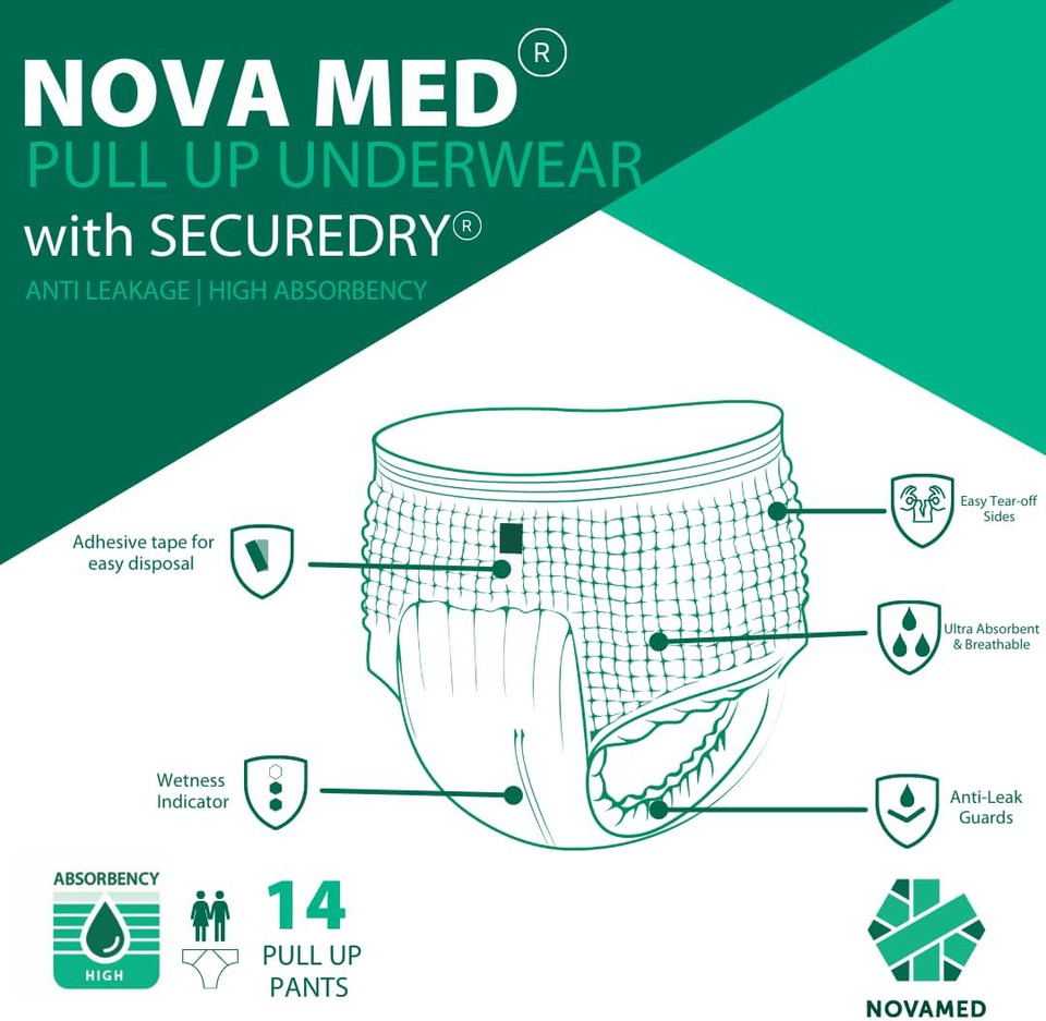 Nova med Adult Incontinence Pants Women & Men, Pull up Pants, Adult Pull up Nappies - 14 Pants per Pack (X-Large) - 2150ml Absorbency (1 Pack of 14) - A British Brand Nova med Adult Incontinence Pants Women & Men, Pull up Pants, Adult Pull up Nappies - 14 Pants per Pack (X-Large) - 2150ml Absorbency (1 Pack of 14) - A British Brand