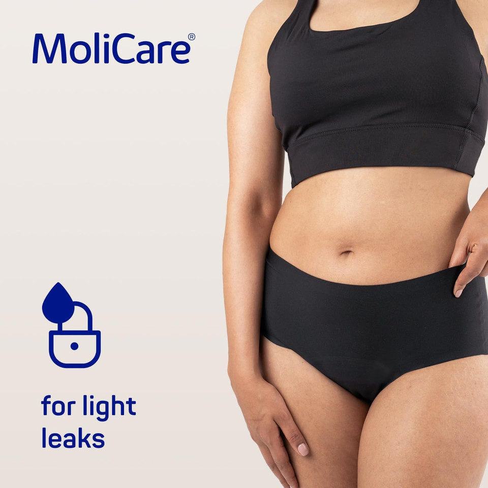 MoliCare Lady - Invisible Absorbent Washable Incontinence Pants with Disposable X-Change Pads for Extra Protection, Pads Discreetly Hidden in Inner Pocket, Size L, Washable at 60° C, Black MoliCare Lady - Invisible Absorbent Washable Incontinence Pants with Disposable X-Change Pads for Extra Protection, Pads Discreetly Hidden in Inner Pocket, Size L, Washable at 60° C, Black