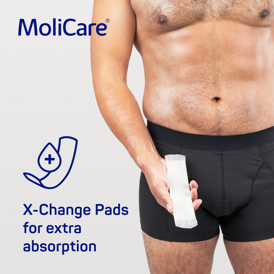MoliCare Men - Invisible Absorbent Washable Incontinence Pants with Disposable X-Change Pads for Extra Protection, Pads Discreetly Hidden in Inner Pocket, Size L, Washable at 60° C, Black