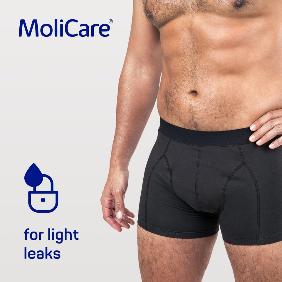 MoliCare Men - Invisible Absorbent Washable Incontinence Pants with Disposable X-Change Pads for Extra Protection, Pads Discreetly Hidden in Inner Pocket, Size M, Washable at 60° C, Black