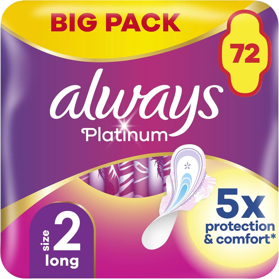 Always Platinum Long (Size 2) Sanitary Towels with Wings 18 Pads x 4