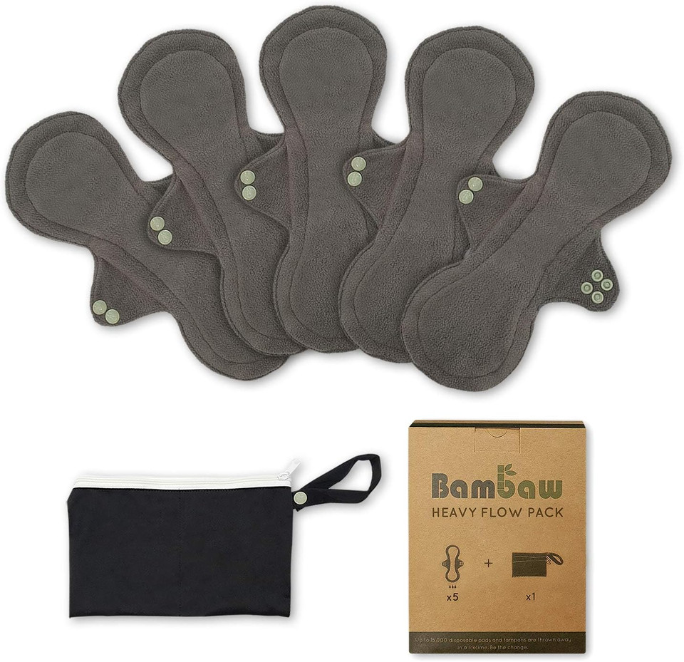 Reusable Sanitary Towels Heavy Flow Set | Discreet Pouch | Zero Waste and Environmentally Friendly Sanitary Products | Washable Sanitary Towels | Night Pads | Incontinence Pads Women | Bambaw