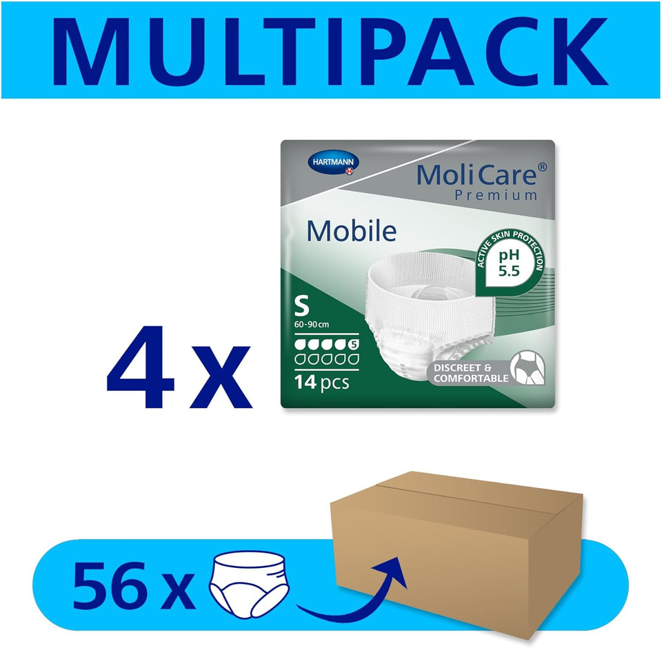 MoliCare Premium Mobile Disposable Underwear: Discreet use for Woman and Men with Incontinence, 5 Drops, Size S, Pack of 56 MoliCare Premium Mobile Disposable Underwear: Discreet use for Woman and Men with Incontinence, 5 Drops, Size S, Pack of 56
