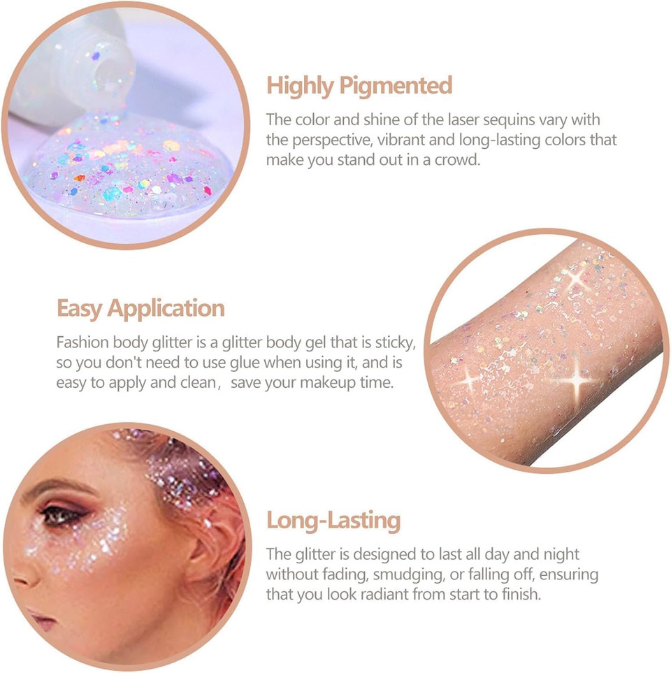 Beliky Girl Body Glitter Gel, 50ML Face Glitters Body Gel Sequins Shimmer Liquid Eyeshadow, Mermaid Sequins Liquid Holographic Glitter Gel, Chunky Glitter for Face Hair Nails (Silver)