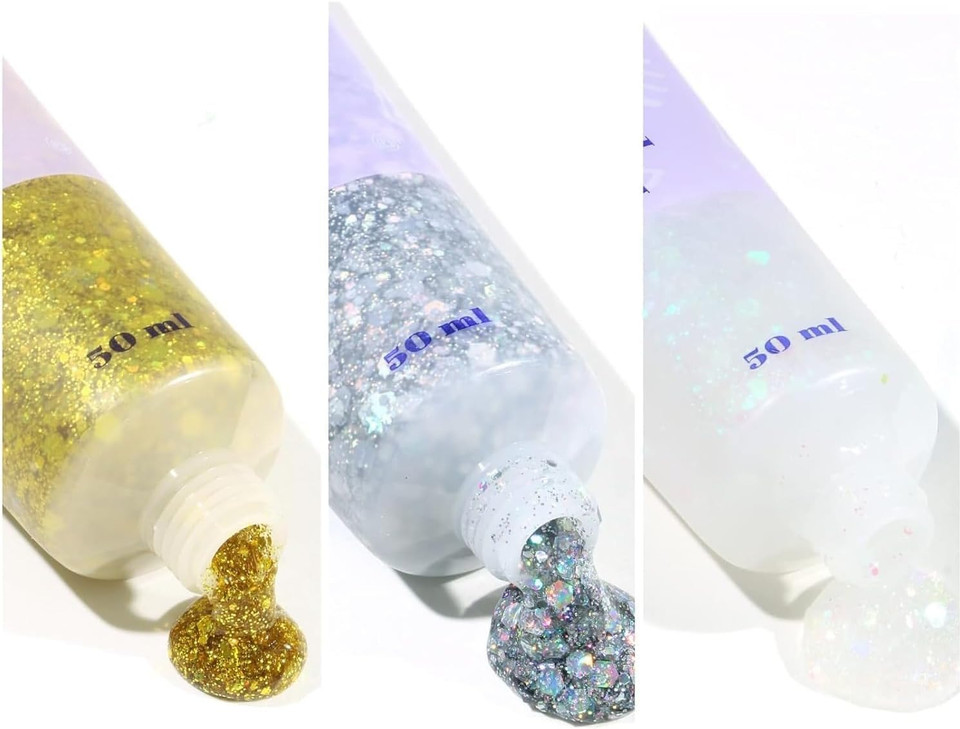 Body Glitter Gel Set, 3 Pcs Face Glitters Body Gel Sequins Shimmer Liquid Eyeshadow, Mermaid Sequins Liquid Holographic Chunky Glitter for Face Hair Nails(Gold,Silver,White)