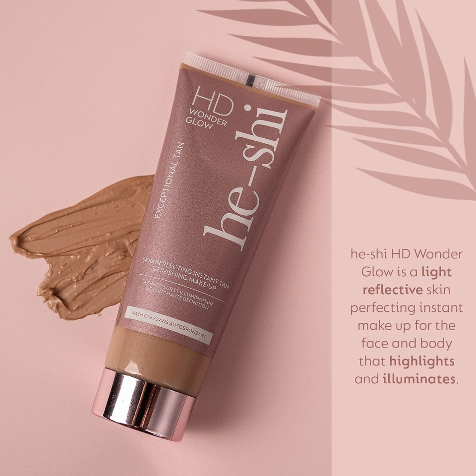 He-Shi HD Wonderglow - Skin Perfecting Body Bronzer & Instant Tan - Illuminating Body Primer with 24 Splashproof Wear - Body Highlighter for Airbrushed Legs - Vegan & Cruelty Free (100ml)