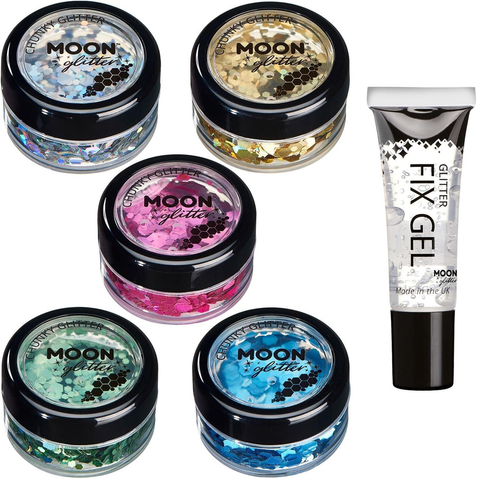 Chunky Holographic Glitter by Moon Glitter - Set of 5 Colours + Fix Gel - Cosmetic Festival Makeup Glitter for Face, Body, Nails, Hair, Lips - 3g