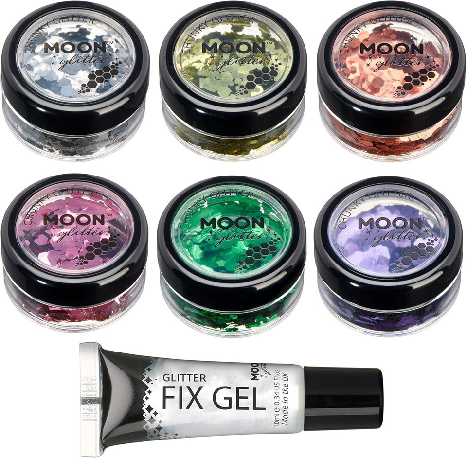 Classic Chunky Glitter by Moon Glitter - Set of 6 Colours + Fix Gel - Cosmetic Festival Makeup Glitter for Face, Body, Nails, Hair, Lips - 3g