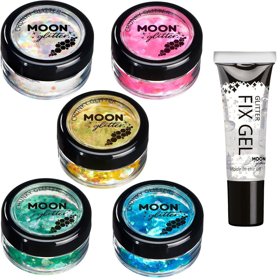 Iridescent Chunky Glitter by Moon Glitter - Set of 5 colours + Fix Gel - Cosmetic Festival Makeup Glitter for Face, Body, Nails, Hair, Lips - 3g