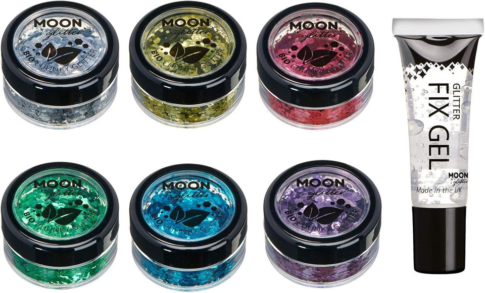Biodegradable Eco Chunky Glitter by Moon Glitter - Set of 6 Colours + Fix Gel - Cosmetic Bio Festival Makeup Glitter for Face, Body, Nails, Hair, Lips - 3g