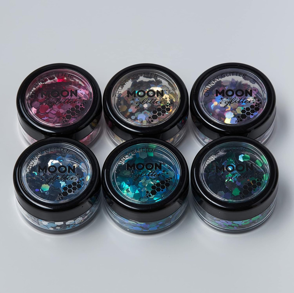 Mystic Chunky Glitter by Moon Glitter - Set of 6 Colours + Fix Gel - Cosmetic Festival Makeup Glitter for Face, Body, Nails, Hair, Lips - 3g