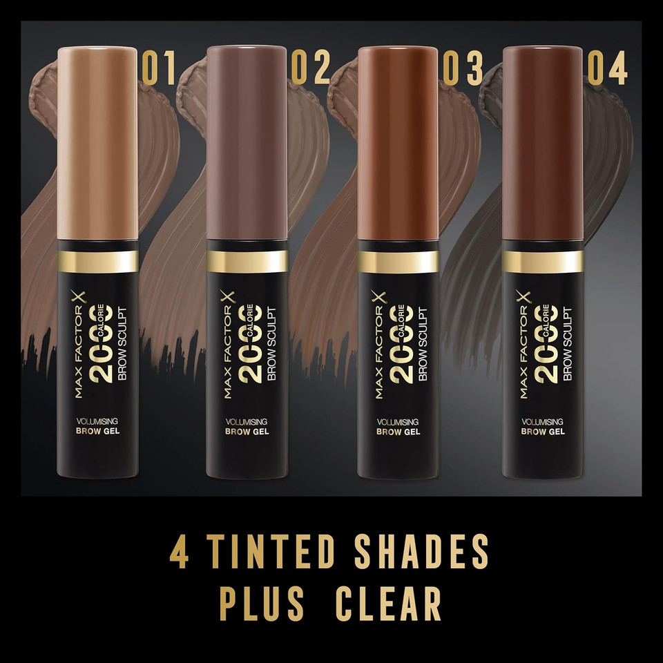 Max Factor 2000 Calorie Volumising Brow Sculpt Gel, Long-Lasting, Plumped & Fuller-Looking Brows, Waterproof, Smudge-Proof, Shapes & Intensifies, 003 Brown, 4.5ml