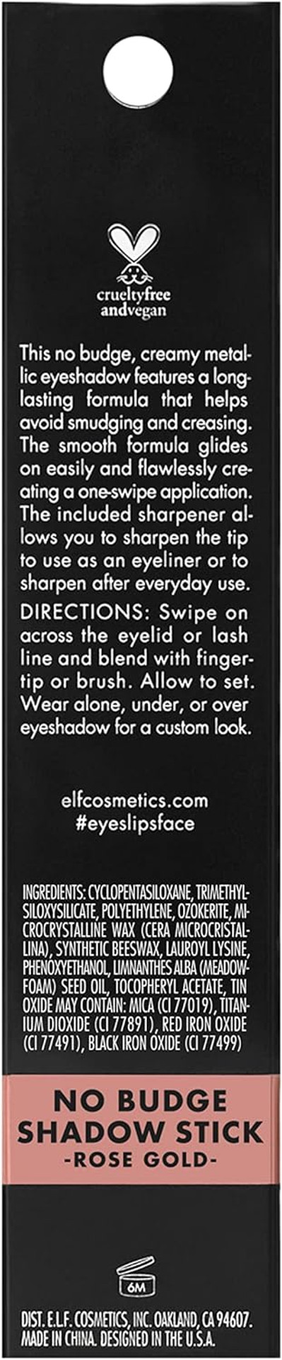 e.l.f. No Budge Shadow Stick, Longwear, Smudge-Proof Metallic Eyeshadow, Rose Gold, 0.05 Oz (1.47g)