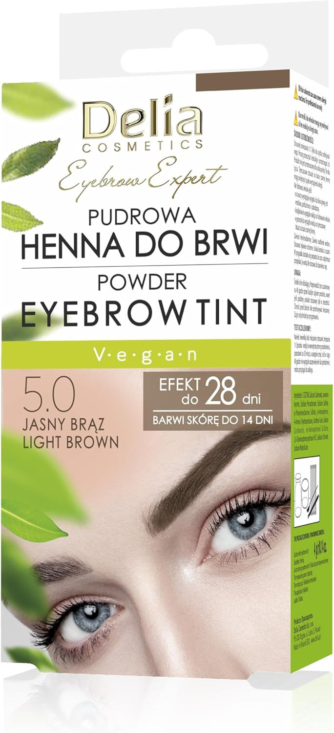 Delia Cosmetics - Powder Eyebrow Tint - LIGHT BROWN - Natural Herbs and Color - Enhanced, Darkened, Thick Brows - 20 Easy Applications / 4 Weeks - Complete Set