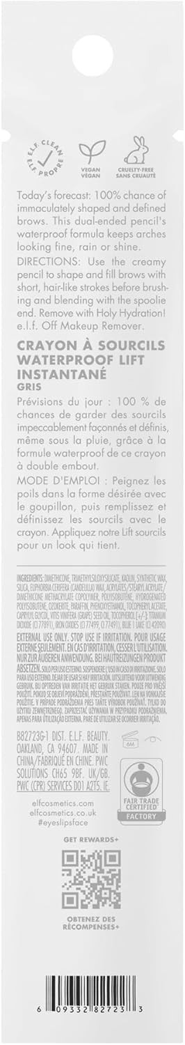 e.l.f. Instant Lift Waterproof Brow Pencil, Long-Lasting Eyebrow Pencil For Grooming & Shaping Brows, Vegan & Cruelty-Free, Grey