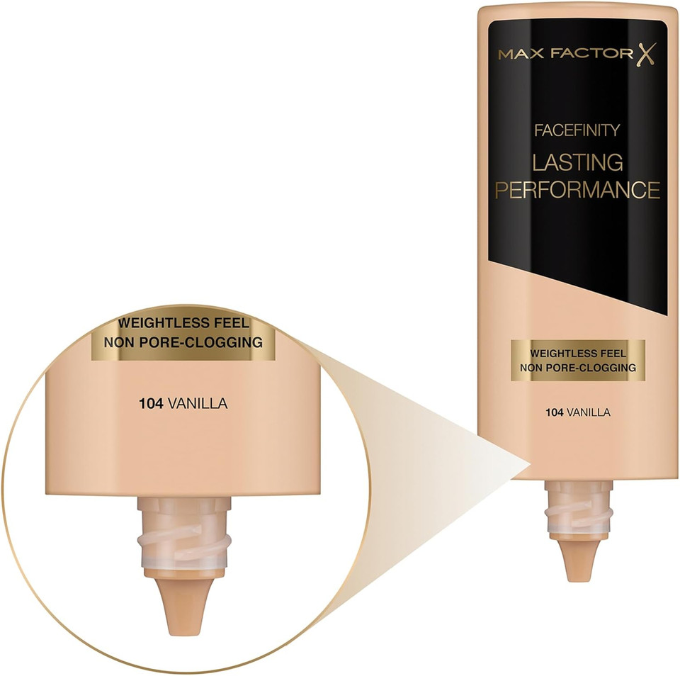 Max Factor Lasting Performance Liquid Foundation, 104 Vanilla, Full Coverage, Flawless and Radiant Finish, Lightweight Formula, Smudge Resistant, Non Pore-Clogging, Fragrance Free, 35ml