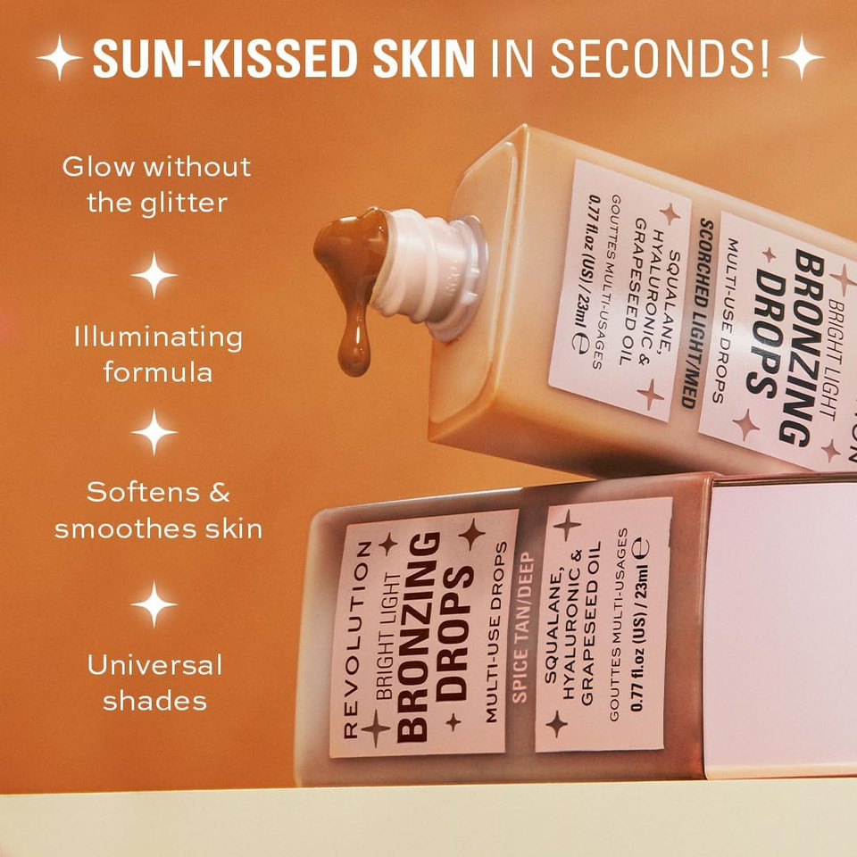 Makeup Revolution, Bright Light Bronzing Drops with Hyaluronic Acid, Sun-Kissed Finish, Deep Bronze Spice, 23ml