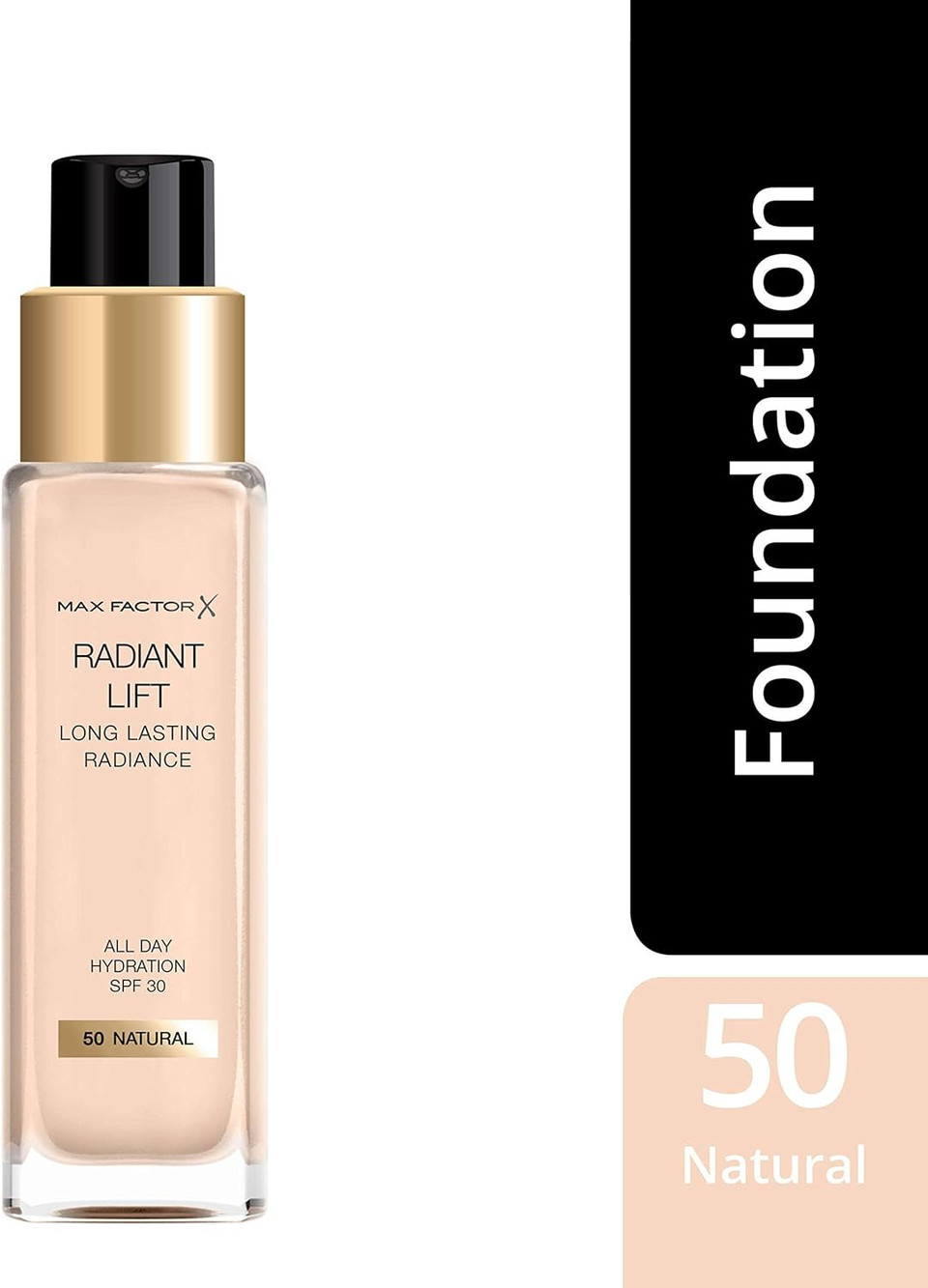Max Factor Radiant Lift Liquid Pump Medium To Full Coverage Radiant Finish Foundation With Spf30 And Hyaluronic Acid, 100 Soft Sable, Dark Skin Tone, 30Ml Max Factor Radiant Lift Liquid Pump Medium To Full Coverage Radiant Finish Foundation With Spf30 And Hyaluronic Acid, 100 Soft Sable, Dark Skin Tone, 30Ml