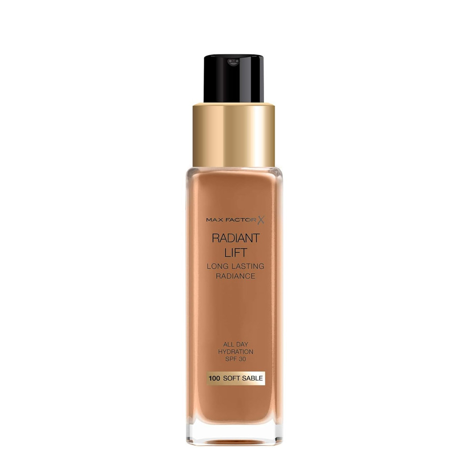 Max Factor Radiant Lift Liquid Pump Medium To Full Coverage Radiant Finish Foundation With Spf30 And Hyaluronic Acid, 100 Soft Sable, Dark Skin Tone, 30Ml Max Factor Radiant Lift Liquid Pump Medium To Full Coverage Radiant Finish Foundation With Spf30 And Hyaluronic Acid, 100 Soft Sable, Dark Skin Tone, 30Ml