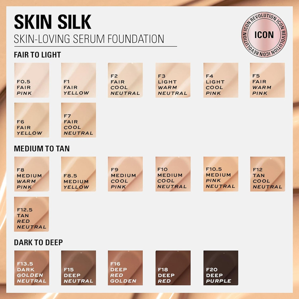 Makeup Revolution, Skin Silk Serum Foundation, Light to Medium Coverage, Contains Hyaluronic Acid, F20, 23ml