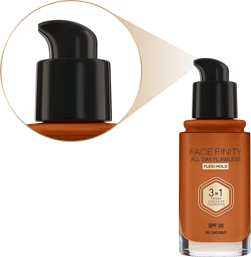 Max Factor Facefinity 3-in-1 All Day Flawless Liquid Foundation, SPF 20 - 99 Chestnut, 30 ml