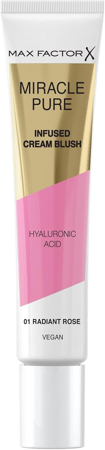 Max Factor Miracle Pure Cream Blush 01 Radiant Rose, Moisturising, Plumps & Hydrates, Buildable Glow, Infused with Hyaluronic Acid & Squalene, Fresh & Healthy Looking Skin, 100% Vegan