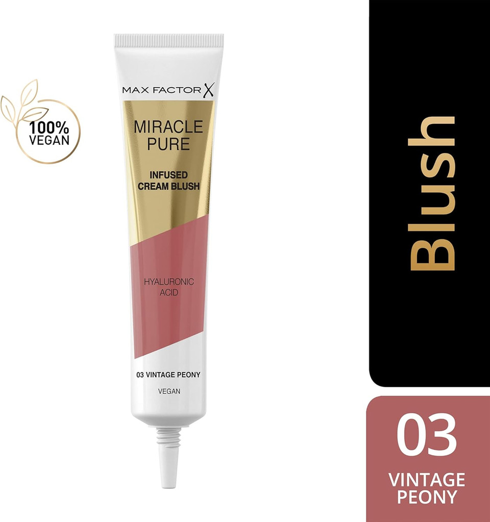 Max Factor Miracle Pure Cream Blush 02 Sunlit Coral, Moisturising, Plumps & Hydrates, Buildable Glow, Infused with Hyaluronic Acid & Squalene, Fresh & Healthy Looking Skin, 100% Vegan