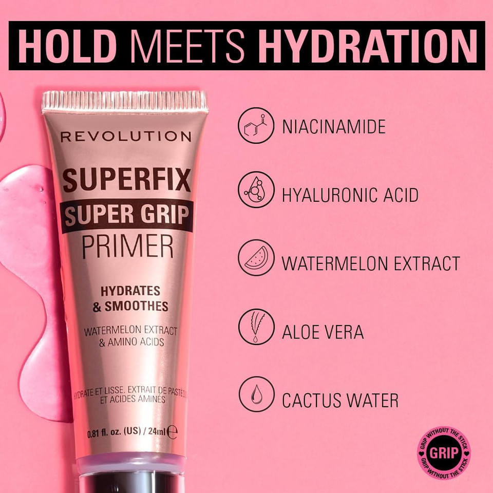 Revolution, Superfix Grip Primer, Hydrating & Smoothing Face Primer for Makeup, Gel-Formula to Grip Look, Vegan & Cruelty-Free, 24ml