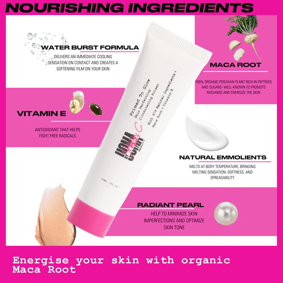 UOMA Face Primer Makeup by Sharon C - Primed To Glow Illuminating Make Up Primer. Energising Maca Root Skincare with Vitamin E, Highlighter Makeup Primer Foundation Base for Dewy Finish 30ml