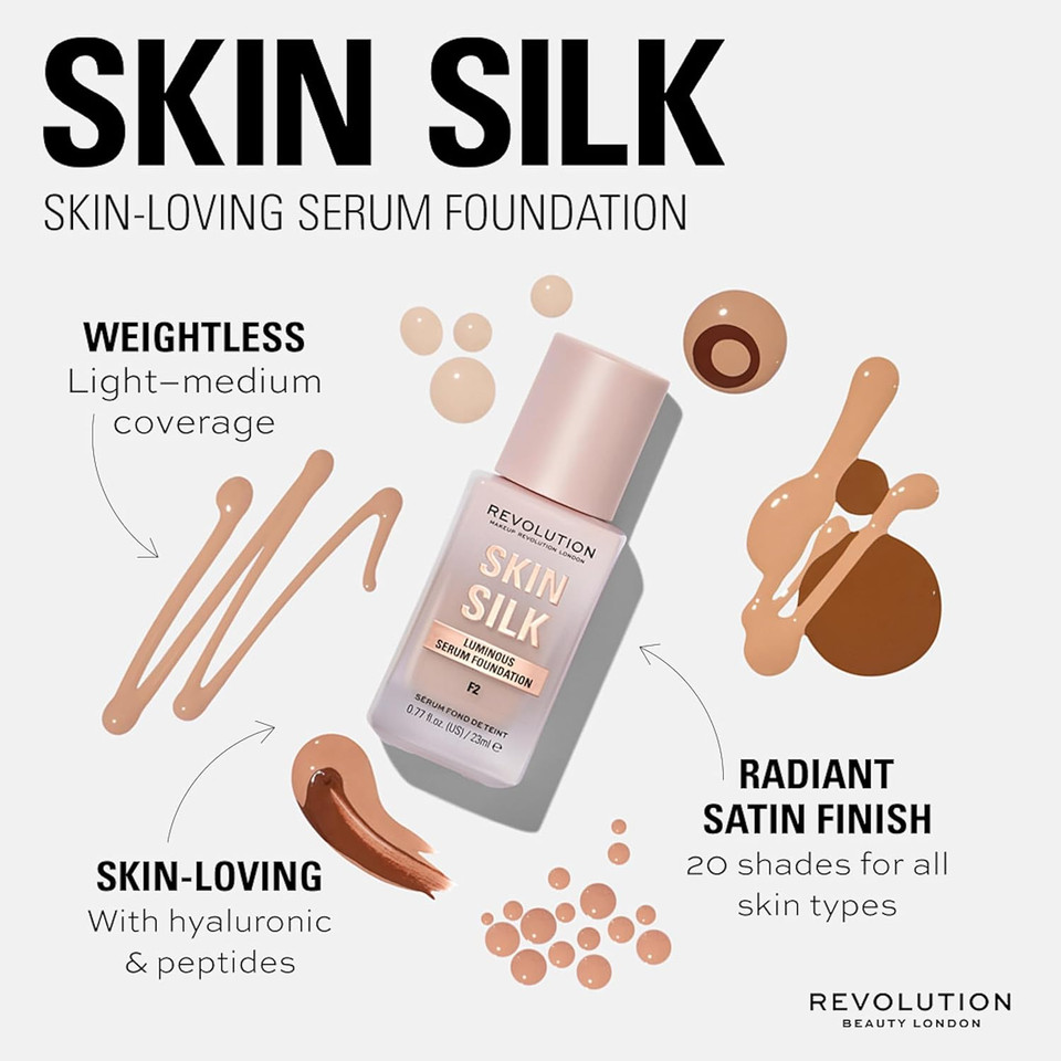 Makeup Revolution, Skin Silk Serum Foundation, Light to Medium Coverage, Contains Hyaluronic Acid, F4, 23ml