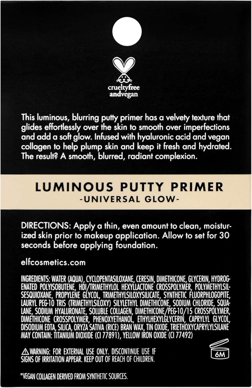 e.l.f. Luminous Putty Primer, Skin Perfecting, Lightweight, Silky, Long Lasting, Hydrates, Creates a Smooth Base, Illuminates, Plumps, Infused with hyaluronic acid and vegan collagen, 21g
