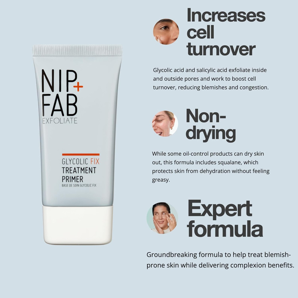 Nip+Fab Glycolic Fix Treatment Primer 40 ml, All-Day Skin Perfecting & Blemish Treatment Primer with 1% Glycolic & 0.5% Salicylic Acids, 2% Niacinamide For Oily, Blemish-Prone Skin