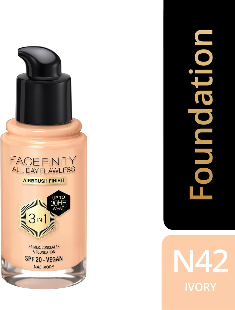 Max Factor Facefinity 3-in-1 All Day Flawless Liquid Foundation, SPF 20 - 42 Ivory, 30 ml