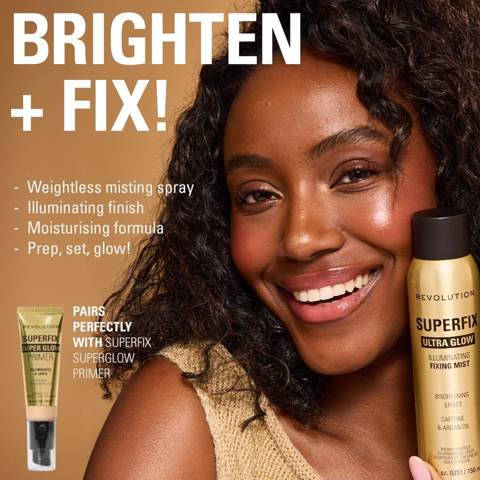 Revolution Superfix Glow Fixing Mist, Makeup Setting Spray, Radiant Finish, Long Lasting Hold, Vegan & Cruelty-Free, 150ml