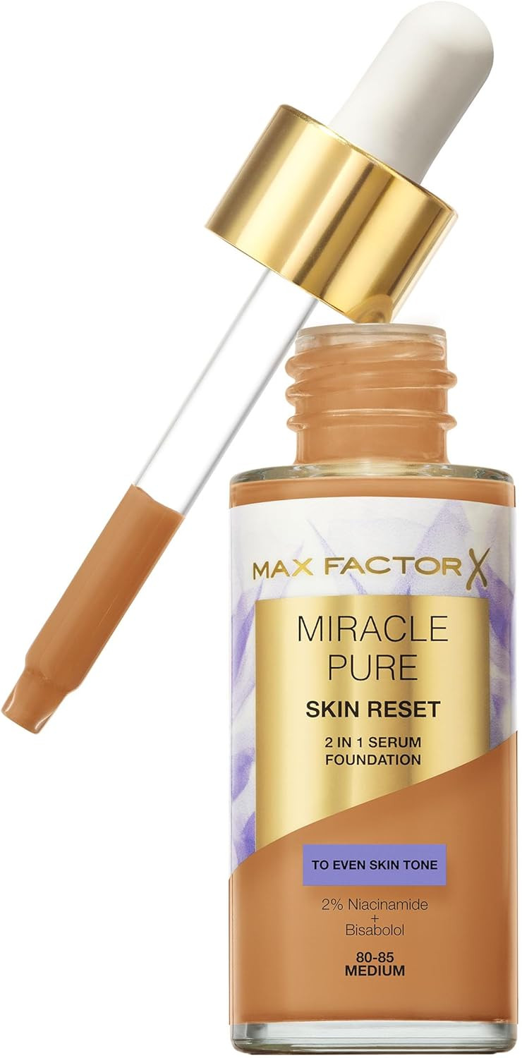 Max Factor Miracle Pure Skin Reset Serum Foundation, 20-35 Fair Cool, 2-in-1 Serum Formula, Healthy Looking Skin, Medium Coverage, Satin Matte Finish, 2% Niacinamide, Dermatologically Tested, 30ml