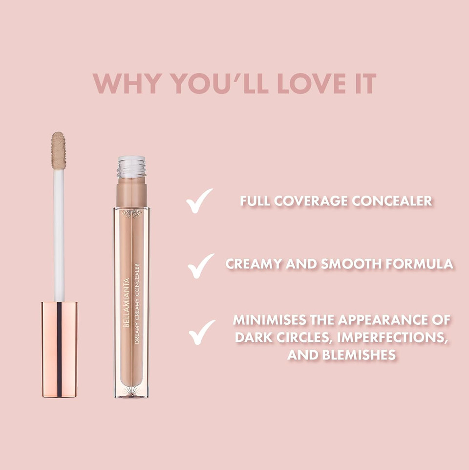 Bellamianta Hydrating Dreamy Creamy Concealer - Long Lasting, Full Coverage Concealer with Natural Finish - Under Eye Concealer for Dark Circles and Blemishes - Hydrating Formula & Easy to Apply
