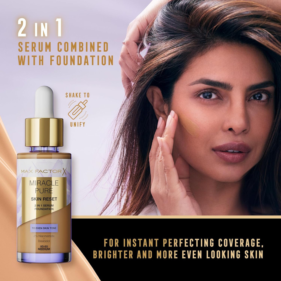 Max Factor Miracle Pure Skin Reset Serum Foundation 30-40 Fair to Light, 2-in-1 Serum Formula, Healthy Looking Skin, Medium Coverage, Satin Matte Finish, 2% Niacinamide, Dermatologically Tested