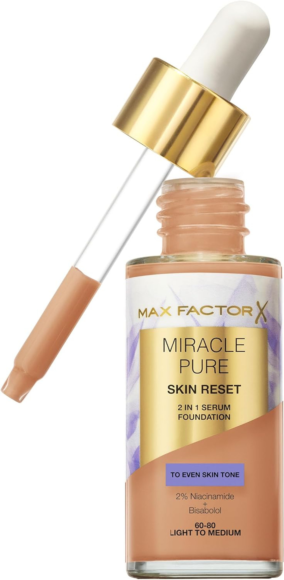 Max Factor Miracle Pure Skin Reset Serum Foundation 60-80 Light to Medium, 2-in-1 Serum Formula, Healthy Looking Skin, Medium Coverage, Satin Matte Finish, 2% Niacinamide, Dermatologically Tested Max Factor Miracle Pure Skin Reset Serum Foundation 60-80 Light to Medium, 2-in-1 Serum Formula, Healthy Looking Skin, Medium Coverage, Satin Matte Finish, 2% Niacinamide, Dermatologically Tested
