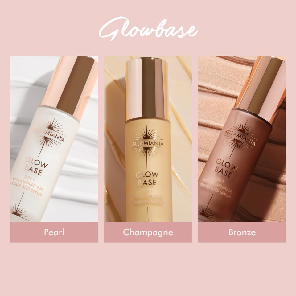 Bellamianta Glow Base  Hydrating Makeup Primer & Illuminator  Radiant Skin Primer with Niacinamide, Hyaluronic Acid & Vitamin E  Highlighters for Glowing Skin  Pearl, Champagne & Bronze Glow
