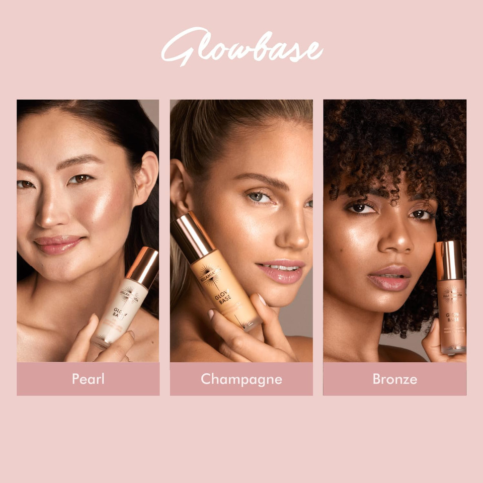 Bellamianta Glow Base  Hydrating Makeup Primer & Illuminator  Radiant Skin Primer with Niacinamide, Hyaluronic Acid & Vitamin E  Highlighters for Glowing Skin  Pearl, Champagne & Bronze Glow