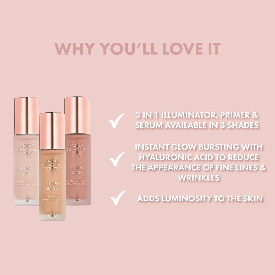 Bellamianta Glow Base  Hydrating Makeup Primer & Illuminator  Radiant Skin Primer with Niacinamide, Hyaluronic Acid & Vitamin E  Highlighters for Glowing Skin  Pearl, Champagne & Bronze Glow