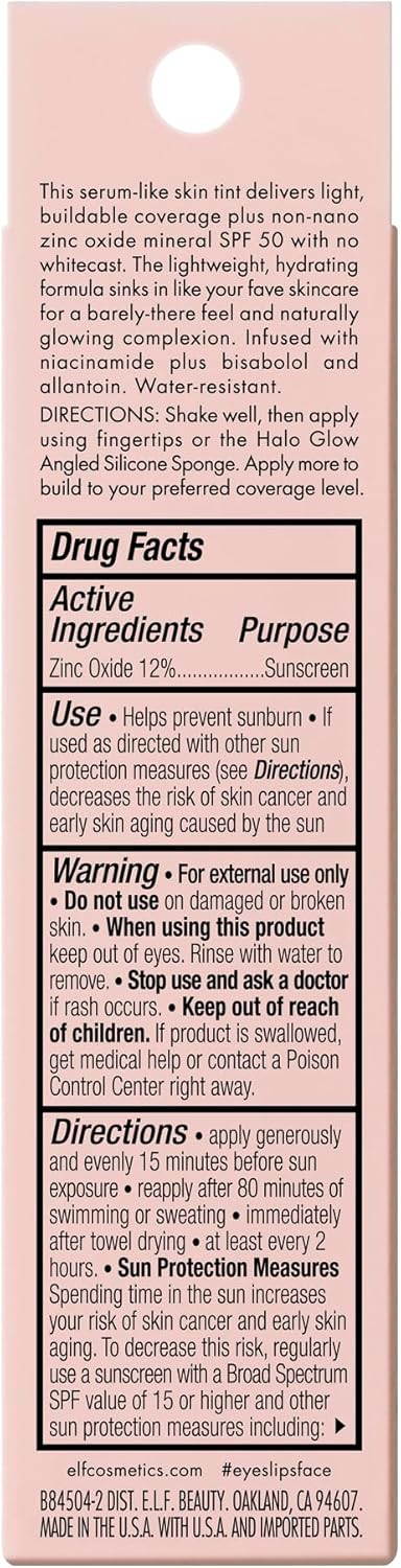 e.l.f. Halo Glow Skin Tint SPF 50, Tinted Moisturiser For Light, Buildable Coverage, Creates A Natural Glow, Vegan & Cruelty-Free, 6 Light Cool
